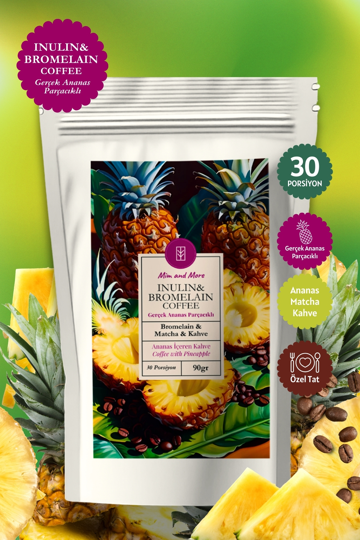 Mim and More Inulin & Bromelain Coffee - Inulin, Bromelain, Matcha ve Ananaslı Form Kahve, 90 Gr
