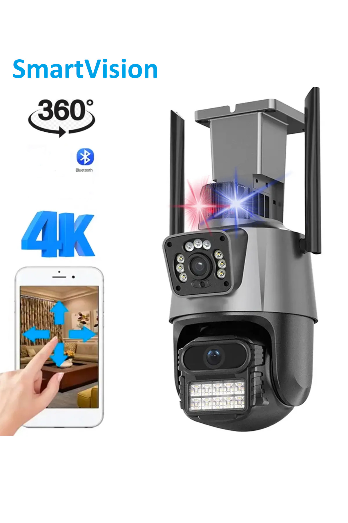 SmartVision Wifi Ptz Kamera 6 Megapixel Ultra Hd Çift Kameralı Dış Cephe Alarmlı Kablosuz Güvenlik Kamera Sistem - Görsel 2