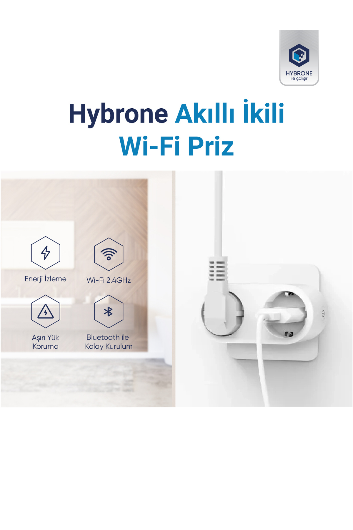 Hybrone Akım Korumalı Ikili Wi-fi Akıllı Priz, 16 Amper, Enerji Izleme, Çocuk Kilidi, Uzaktan Kontrol - Görsel 2