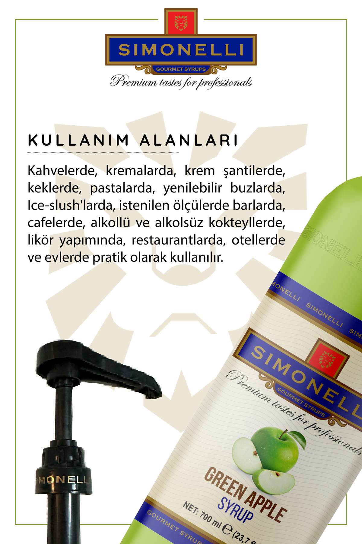 Simonelli Kahve Ve Kokteyl Şurubu Yeşil Elma Aromalı 700 ml Pompa Hediyeli - Görsel 3
