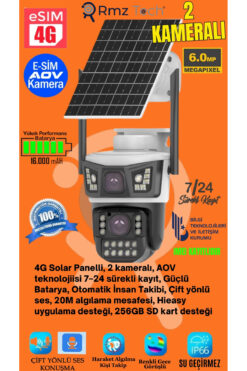 RMZTECH 2 Kameralı 4G Sim Kartlı AOV(Sürekli Kayıt) 6Mp Solar Panelli Kamera