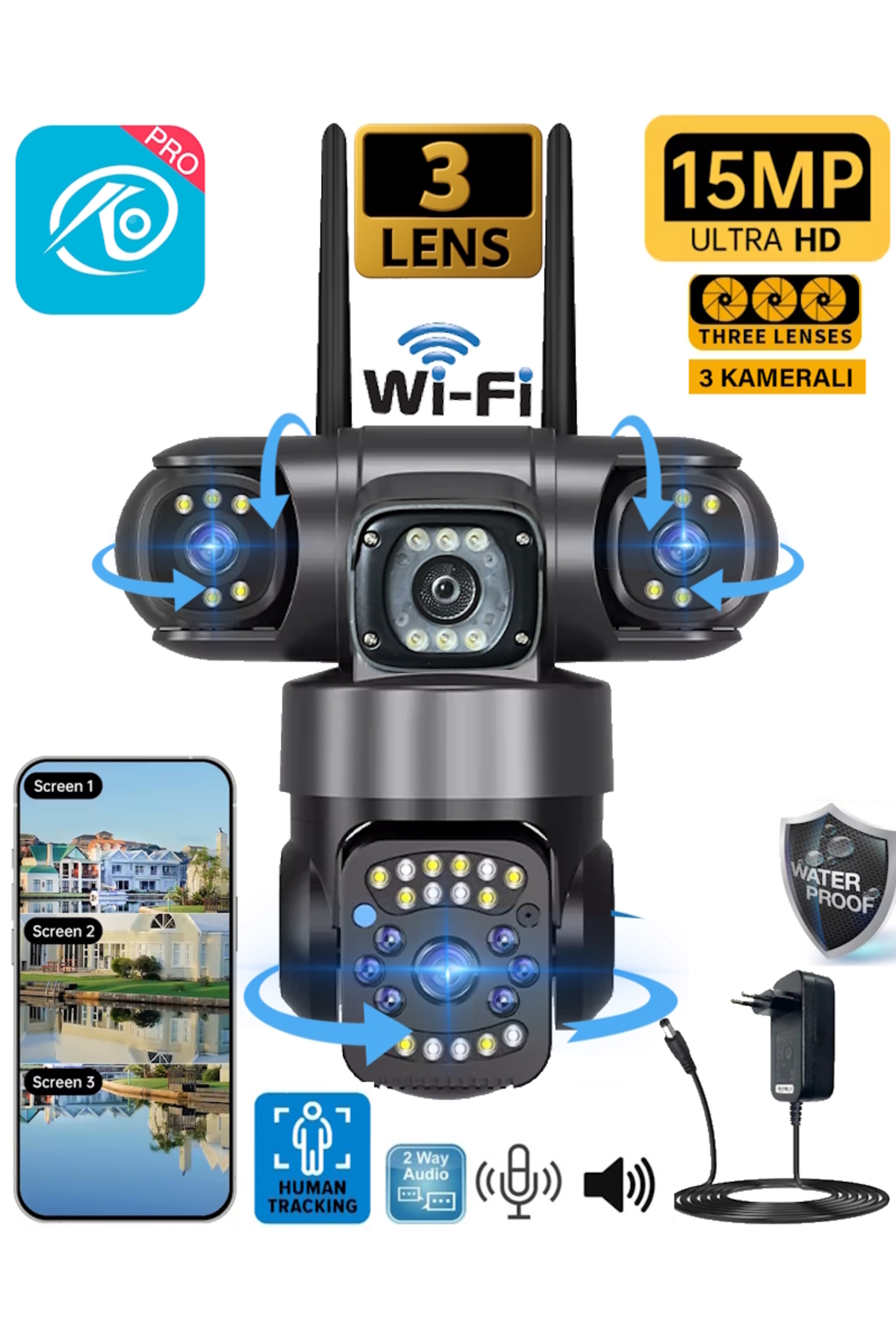 TR Charger O-Kam Pro 6030 3 Kamera 3 Görüntü 15MP (5MP+5MP+5MP) Gece Görüş Wifi Sesli Konuşma Türkçe