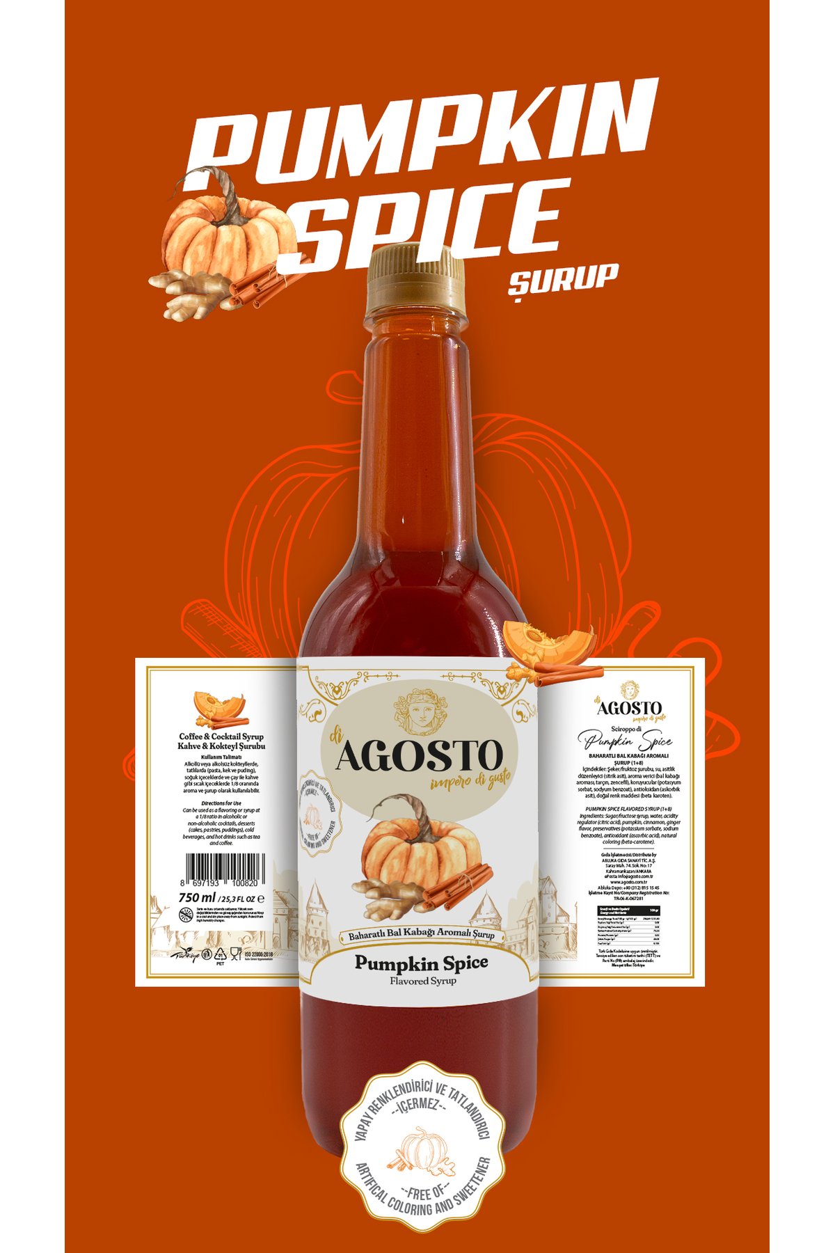 AGOSTO Baharatlı Bal Kabağı (Pumpkin Spice) Şurup 750 ml