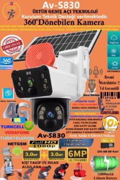 TR Charger Av-s830 Güneş Enerjili Sim Kartlı 4g 6mp Solar Güvenlik Kamerası,10x Zoom,360 Güçlü Batarya