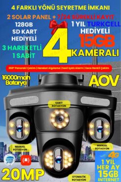 Kadraj 4 Kameraları 4G - eSim Solar Panelli, Her ay 15GB Turkcell 1 Yıl Hediyeli, 7/24 Kayıt Aov, Hareket A