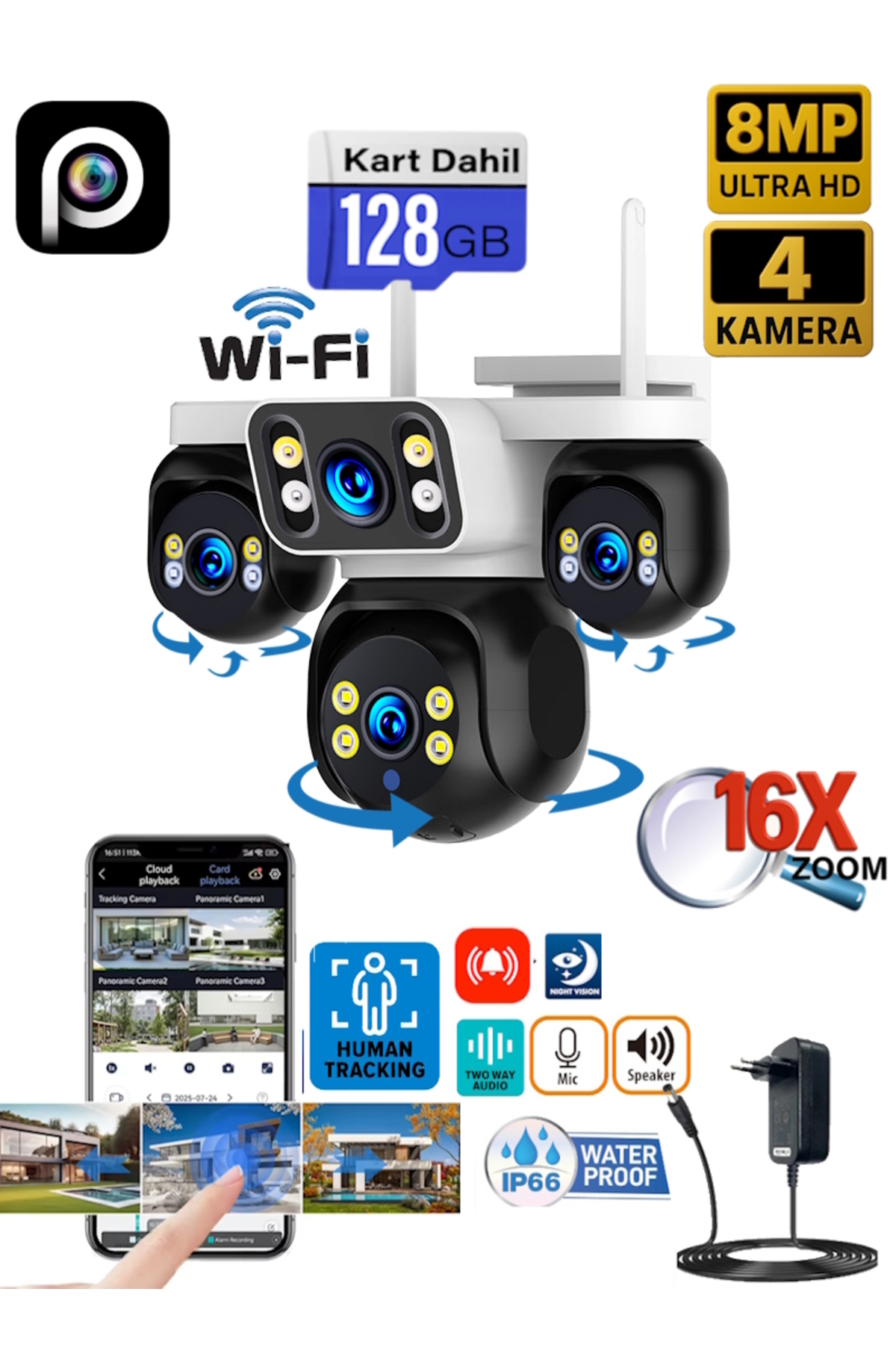 Ventus ES-5804 128GB 8MP 4 Kameralı Wifi 16X Zoom HiEasy Gece Görüş Konuşma Uzak İzleme Kişi Takibi