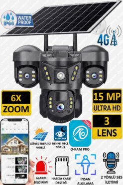 VİVATECH Ultimate 7070 Solar Güneş Enerjili İnsan Takibi 15MP 3 Lens 4G Akıllı Kamera Okam Pro Uygulama
