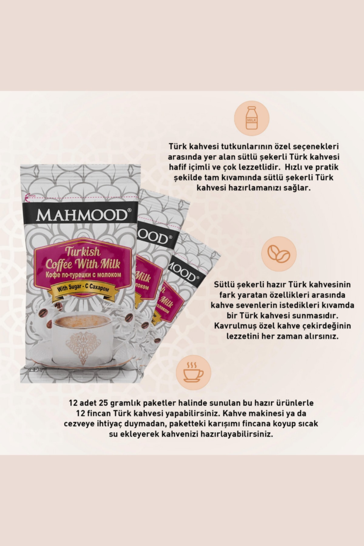 Mahmood Coffee Sütlü Şekerli Hazır Türk Kahvesi 12 Adet X 25 gram - Görsel 3