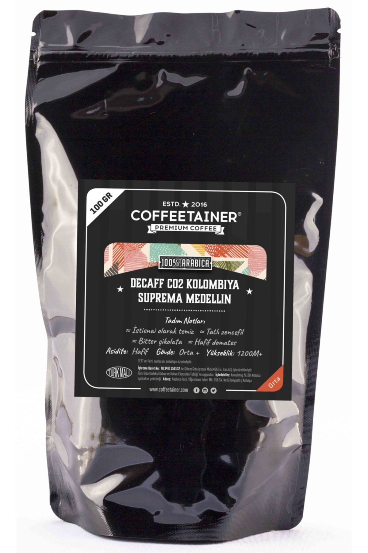 COFFEETAINER Kafeinsiz Kolombiya Supremo Medellin Filtre Kahve (%100 Arabica) 250 Gr