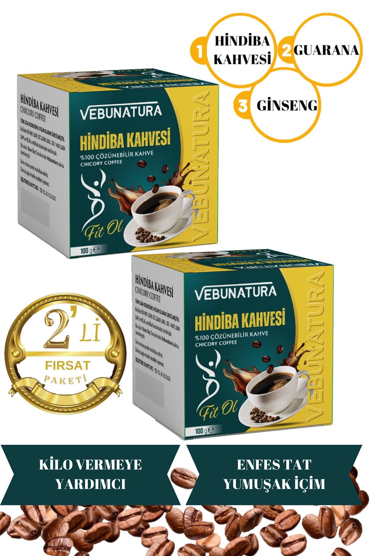 VEBUNATURA Hindiba Kahvesi, Guarana,ginseng Detox Kahve 2 Adet X 100gr Fırsat Paketi
