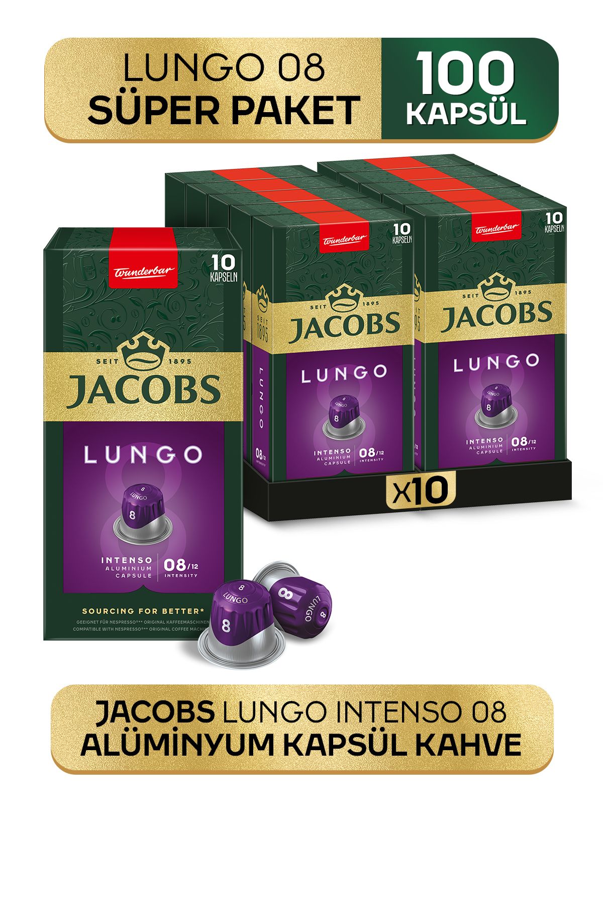 Jacobs Lungo 8 Intenso Nespresso Uyumlu Alüminyum Kapsül Kahve 10 Adet X 10 Paket