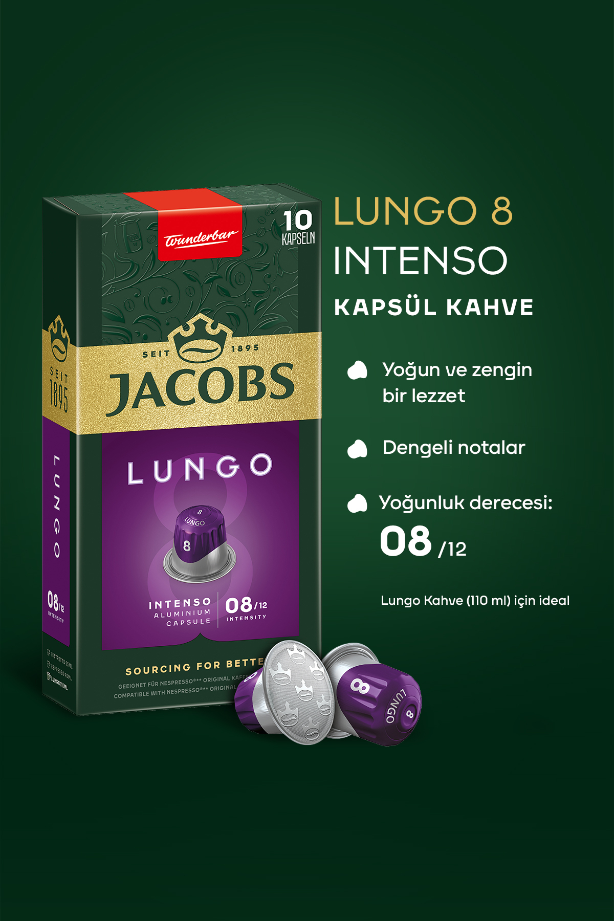 Jacobs Lungo 8 Intenso Nespresso Uyumlu Alüminyum Kapsül Kahve 10 Adet X 10 Paket - Görsel 2