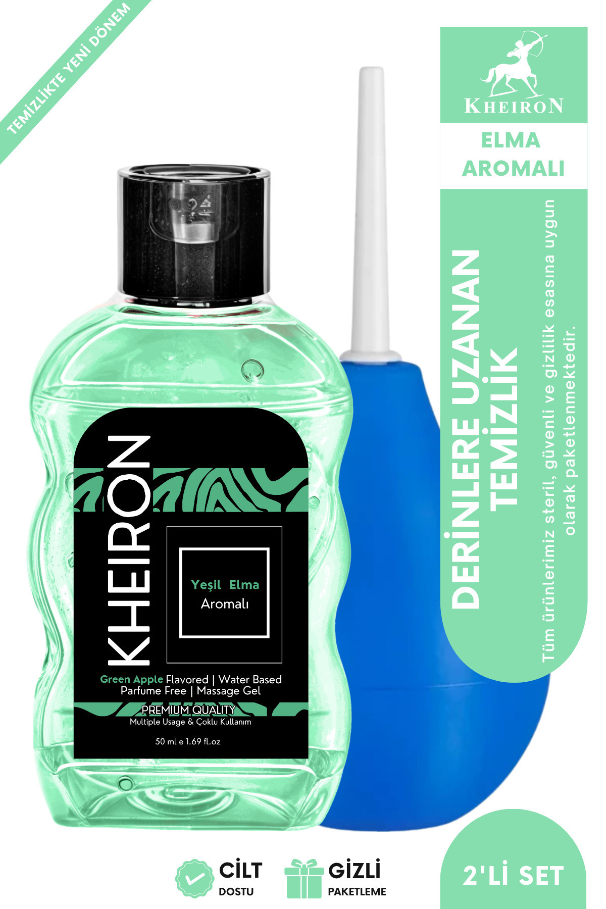 kheiron Temizlik Seti: Anal Temizlik Pompası + Yeşil Elma Aromalı Masaj Jeli 2’li Hijyen Paketi