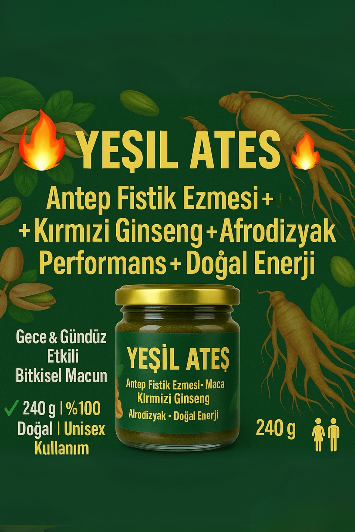 Kırkağa Yeşil Ateş Unisex Ginseng Etkili Macun 240 Gr- Erkek Kadın Enerji Ve Performans Desteği