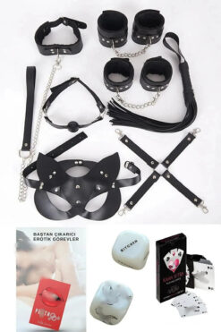 TSM collection Siyah Fantezi 10'lu Kelepçe Kırbaçlı Bdsm Seti