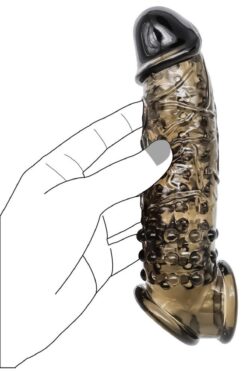 Lolita Shop Uzatmalı 3.5 Cm Dolgulu Uyarıcı Tırtıklı Siyah Silikon Dokuda 22 Cm Testise Tutacaklı Penis Kılıfı