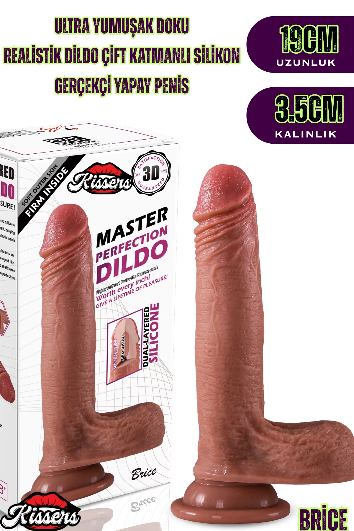 Kissers Ultra Yumuşak Damarlı Çift Katmanlı Silikon Gerçekçi Testisli Dildo Kalın Penis 19 Cm Brice