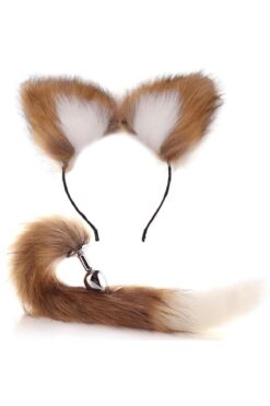 Lolita Shop Metal Anal Tıkaç + Kedi Kulaklı Taç Pelüş Genişletici Plug Tüylü Kuyruk Beyaz Kahverengi Fantezi Set