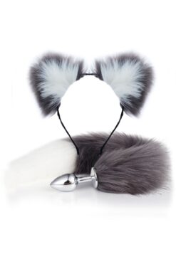 Lolita Shop Tüylü Anal Tıkaç + Kedi Kulaklı Taç Pelüş Anal Plug Kuyruk Tıkaç Gri Beyaz Plug Fantezi Set