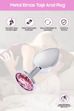 Pembe Tilki Metal Elmas Taşlı Anal Plug Rose Orta Boy