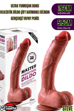 Kissers Ultra Yumuşak Damarlı Çift Katmanlı Silikon Gerçekçi Testisli Dildo Mega Boy Penis 22 Cm Steve