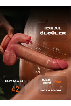 Maylers Dilli Çift İşlevli Rotasyonlu Isıtımalı Ileri Geri Hareketli Vantuzlu Titreşimli Dildo 25CM