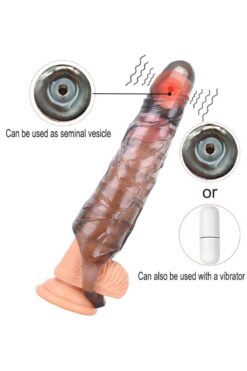 Lolita Shop Güçlü Titreşimli Silikon Dokuda Uzatmalı 6 Cm Dolgulu 25 Cm Testis Tutacaklı Büyük Boy Penis Kılıfı