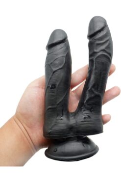 Lolita Shop Zenci Çift Başlıklı Gerçekçi Doku 18 Cm Çatal Penis Güçlü Vantuzlu Anal Vajina Realistik Siyah Dildo