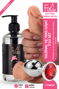 FixCla Bubble Gum jel 250 ml + damar detaylı penis 19.5 cm + metal plug – parlak dokunuş, çift bölge keyfi