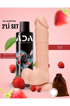 Ada Marketing Çilek aromalı kayganlaştırıcı jel ve 20 cm yapay penis – doğal formlu haz deneyimi seti