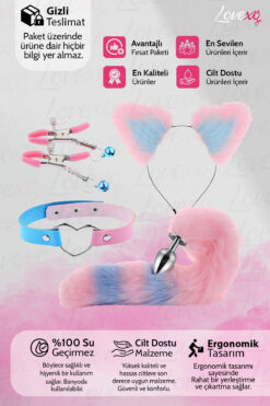 LoveXO 4'lü Tilki Fantezi Seti – Metal Tabanlı Yapay Kürklü Kuyruklu Plug + Aksesuar Seti Pembe-Mavi