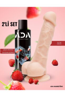 Ada Marketing 150 ml çilek aromalı kayganlaştırıcı jel ve 18 cm gerçekçi yapay penis seti