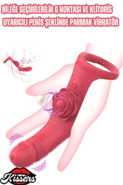 Kissers Bileğe Geçirebilir G Noktası Ve Klitoris Uyarıcılı Penis Şeklinde Titreşimli Gül Parmak Vibratör