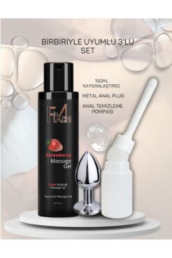 FixCla 150 Ml Çilek Aromalı Jel + Metal Anal Plug Ve Temizlik Pompası 3'lü Özel Set