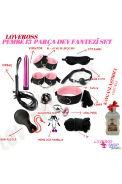 Loveross Çok Parçalı Deri Bdsm Kelepçe Kırbaç Fantezi Seti | 13 Parça | Pembe | Gizli Paket