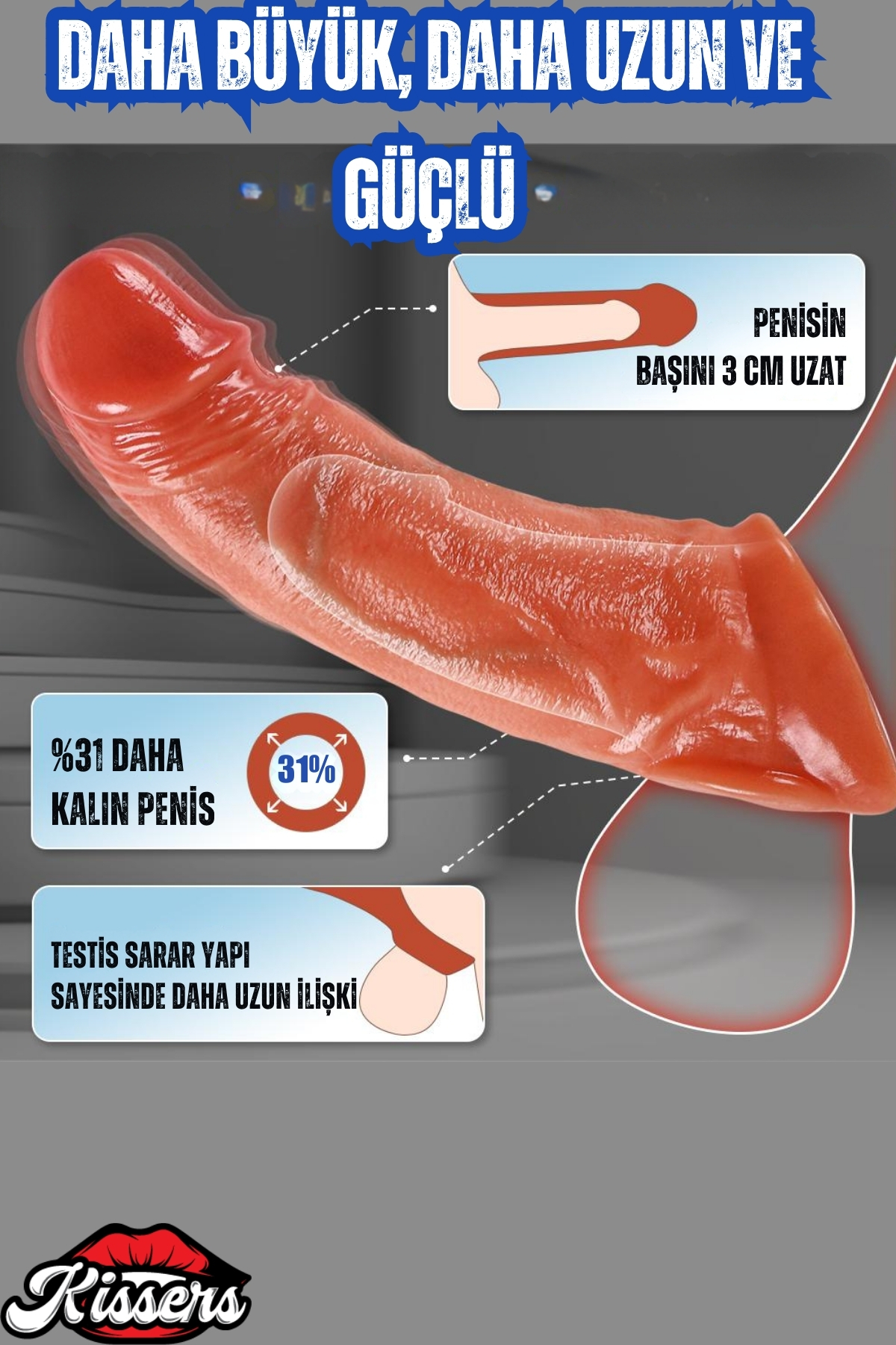 Kissers Uzaktan Kumandalı Şarjlı Güçlü Titreşimli Ultra Gerçekçi Damarlı Doku Uzatmalı Penis Kılıfı James - Görsel 3