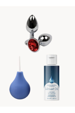 AŞKIN DEPOSU Anal Temizlik Pompası + Mücevherli Çelik Anal Plug Küçük Boy + Kayganlaştırıcı Jel 50 ml