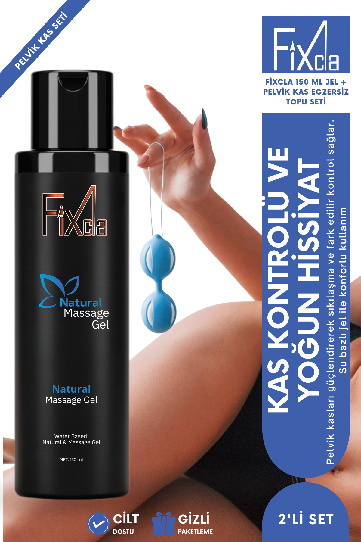 FixCla Doğal jel 150 ml + kadınlara özel kas egzersiz topu – su bazlı, cilt dostu, doğal hissiyat