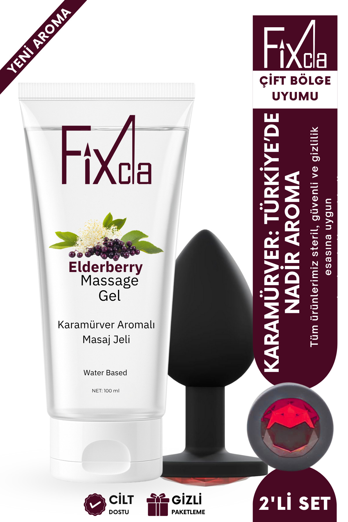 FixCla Karamürver Aromalı Su Bazlı Kayganlaştırıcı Jel 100 ml + Kırmızı Taşlı Silikon Anal Plug 2’li Set