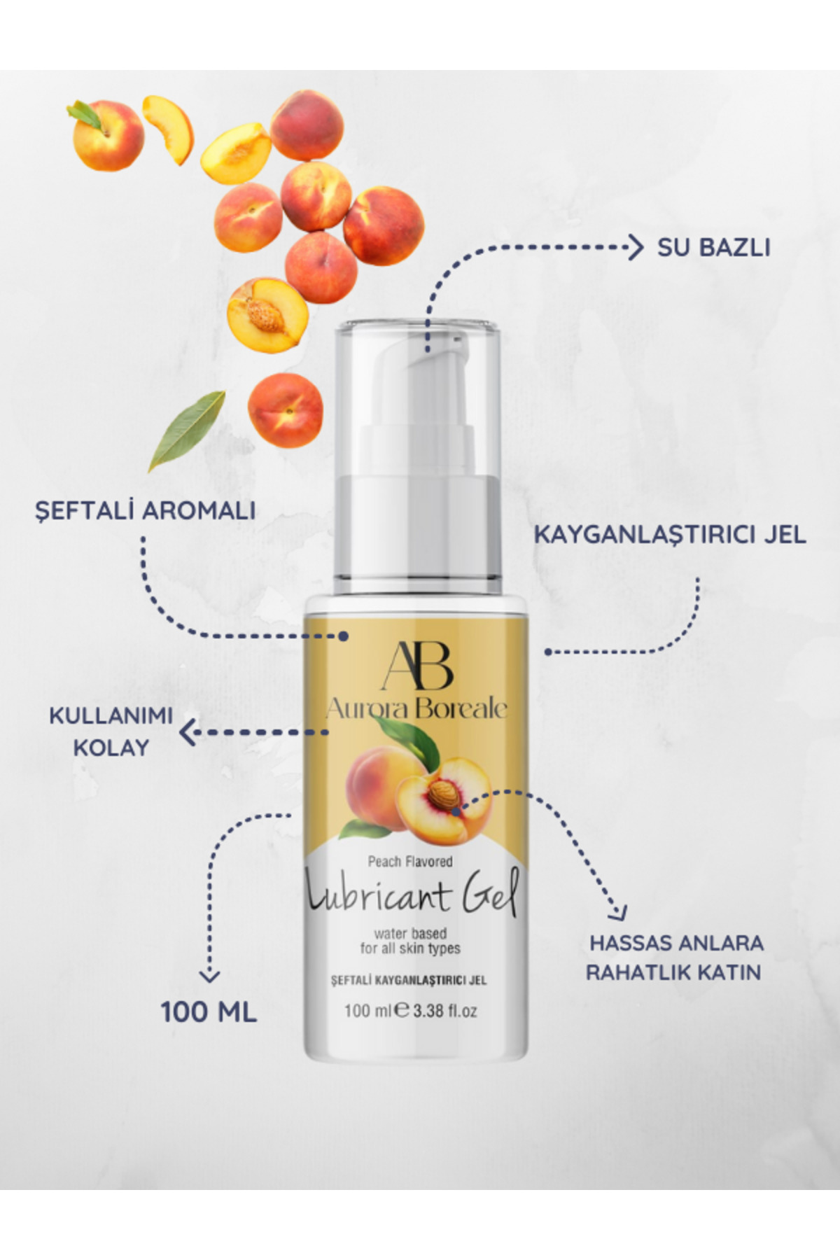 AŞKIN DEPOSU Aurora Boreale Şeftali Aromalı Kayganlaştırıcı Jel 100ml + Anal Temizlik Pompası - Görsel 2