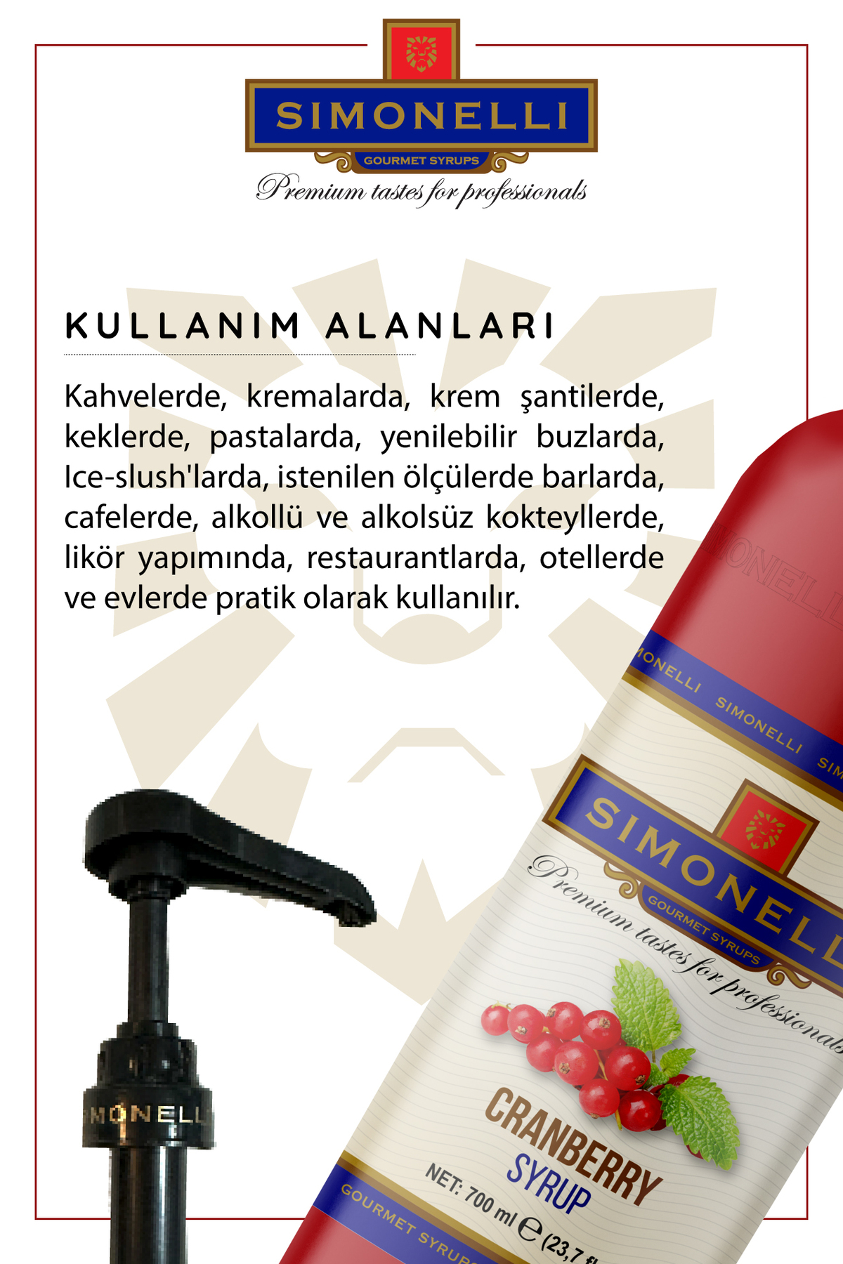 Simonelli Kahve Ve Kokteyl Şurubu Kızılcık Aromalı 700 ml Pompa Hediyeli - Görsel 3