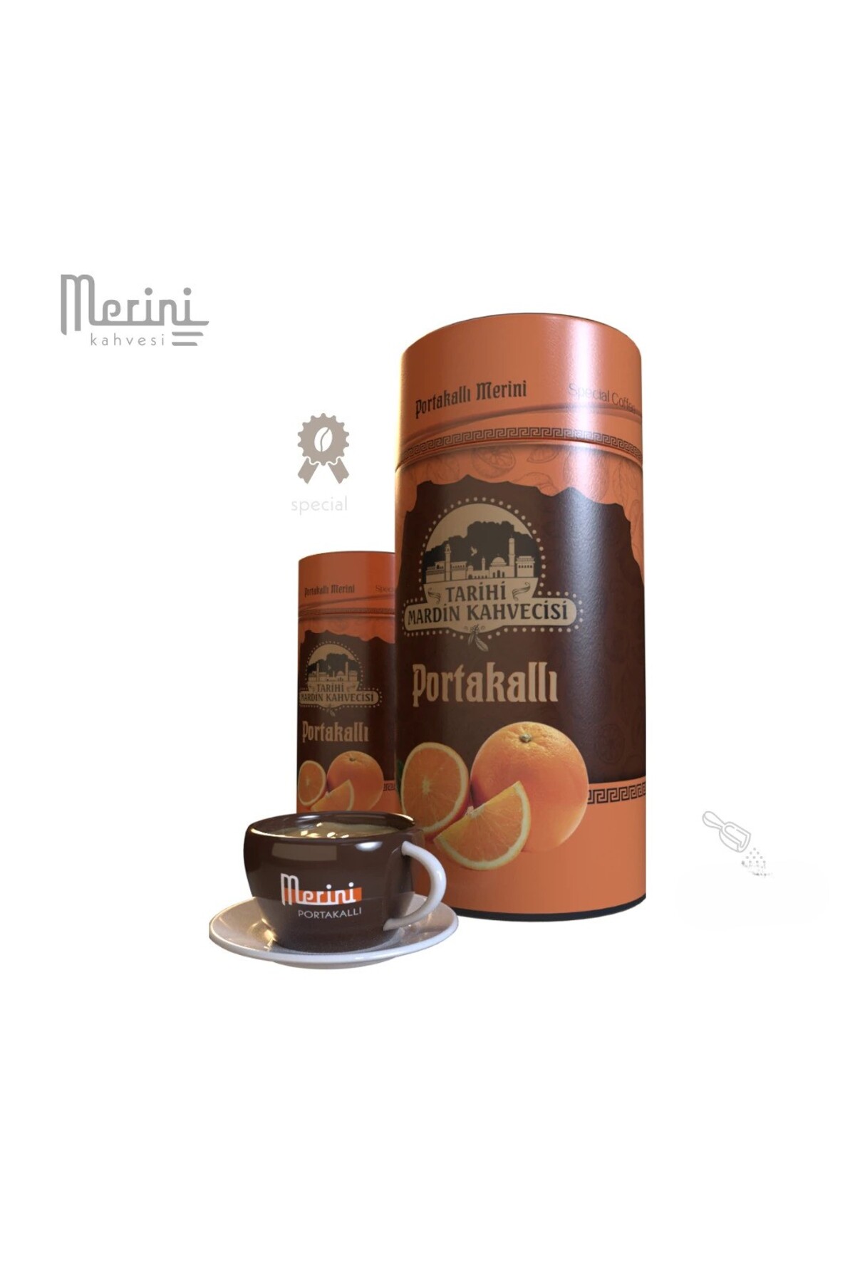 Tarihi Mardin Kahvecisi Portakallı Merini 250 Gram Sert Karton Silindir Kutulu Dibek Kahvesi