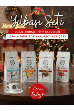 KAHVELOG Aromalı Türk Kahvesi Yılbaşı Seti(Damla Sakz, Portakal, Çikolata, Çilek) + (Fincan Hediyeli)