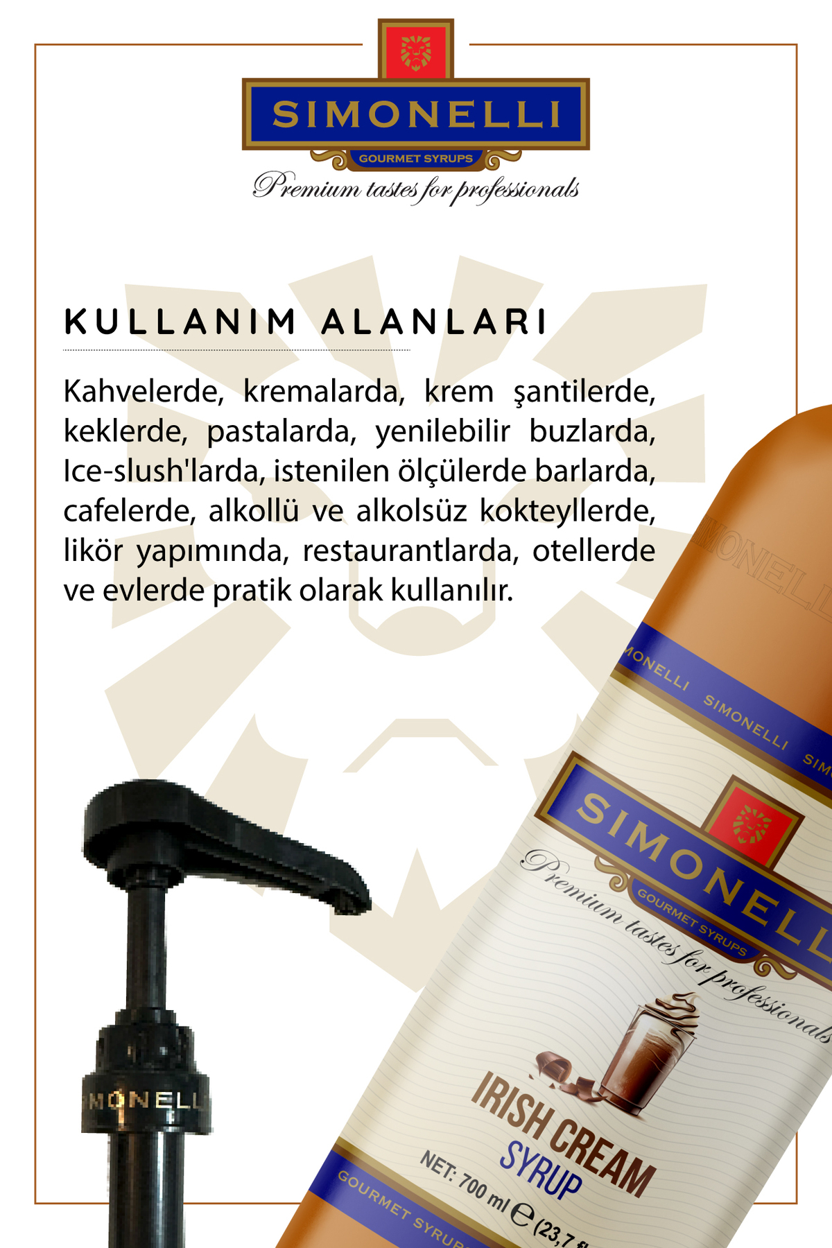 Simonelli Kahve Ve Kokteyl Şurubu Irish Cream Aromalı 700 ml Pompa Hediyeli - Görsel 3