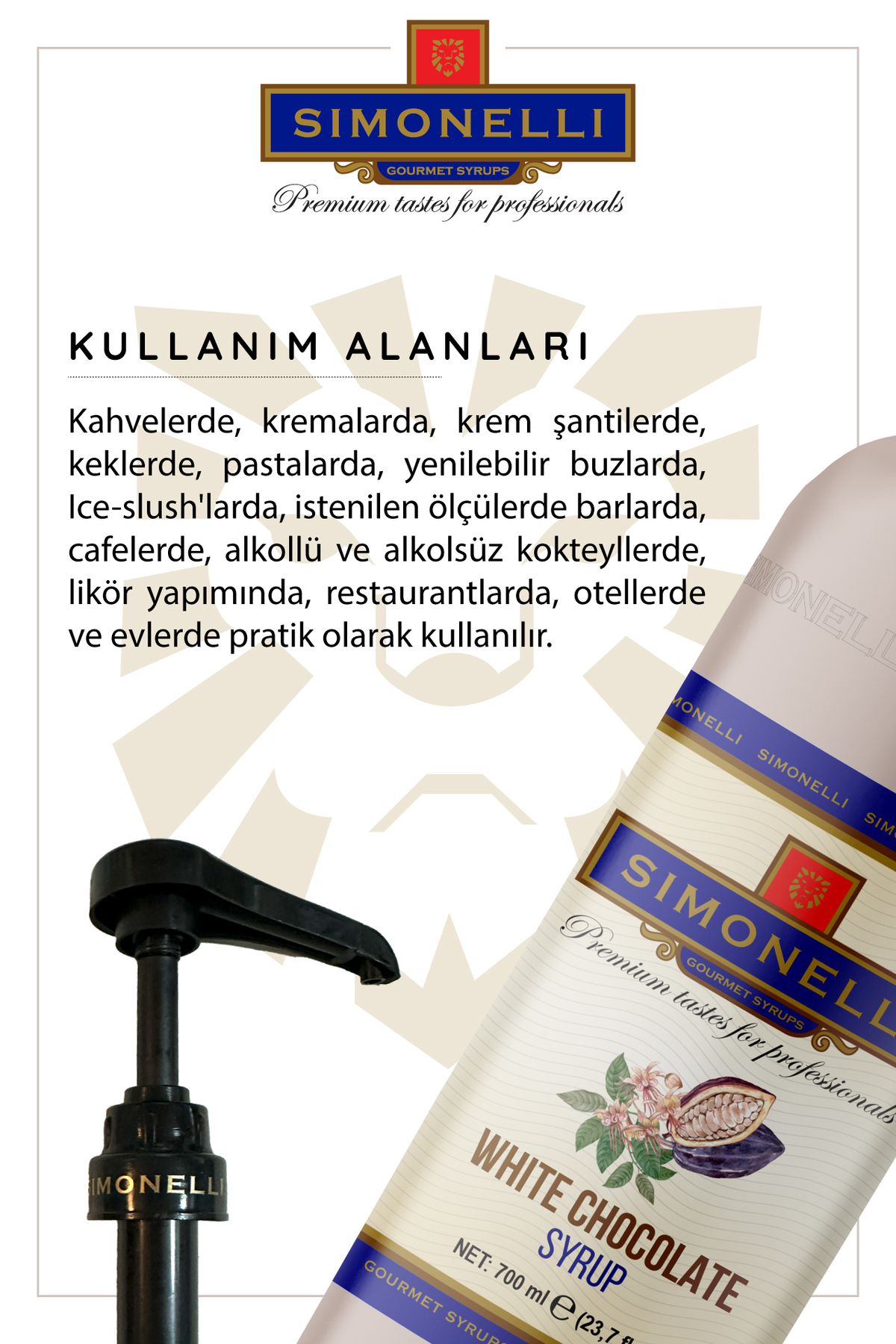 Simonelli Kahve Ve Kokteyl Şurubu Beyaz Çikolata Aromalı 700 ml Pompa Hediyeli - Görsel 3