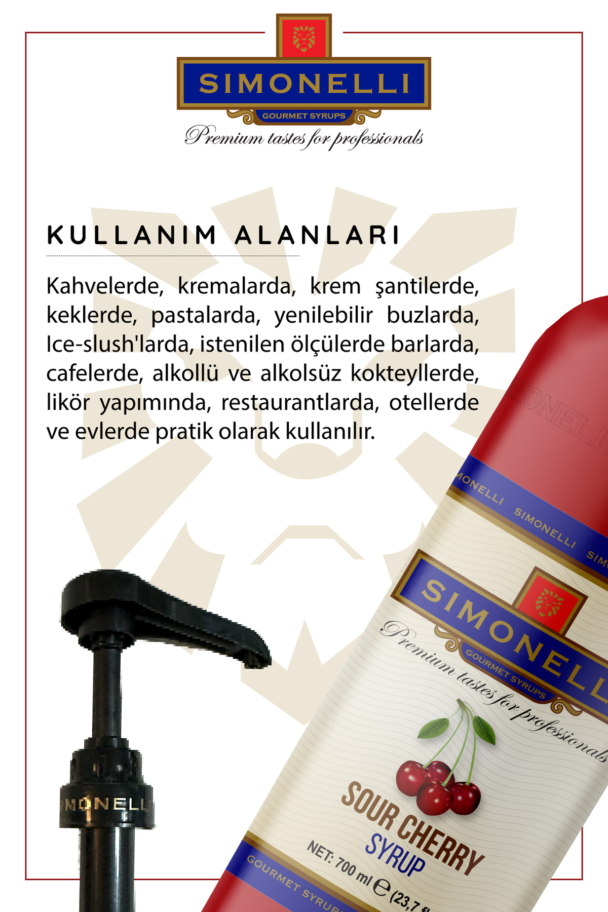 Simonelli Kahve Ve Kokteyl Şurubu Vişne Aromalı 700 ml Pompa Hediyeli - Görsel 3