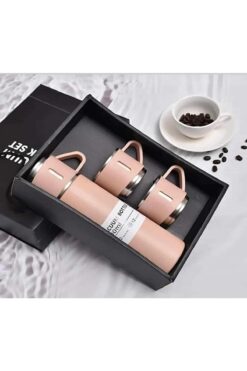 sheriffs Paslanmaz Çelik 3 Bardaklı Pembe Renk Termos Seti / Çay Kahve Piknik Kamp Ofis Seyehat