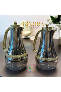 Hinora Cam Hazneli Inci Taşlı Metalik Gri Şık Termos Ikili Set 1-0.7 Litre