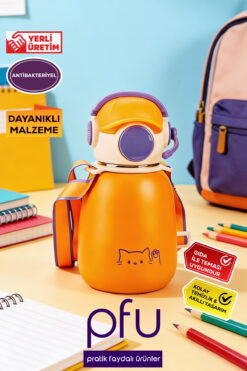 PFU Pratik Faydalı Ürünler Gamer Termos | Paslanmaz Çelik Çocuk Termosu | Unisex Kulaklıklı Pipetli Matara 10 x 18 cm - 500 ml