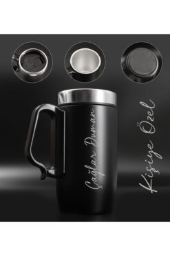 HEDGİFT Kişiye Özel Çift Katmanlı 280ml Mat Siyah Kulplu Paslanmaz Çelik Termos Bardak Mug Kupa Çay Kahve